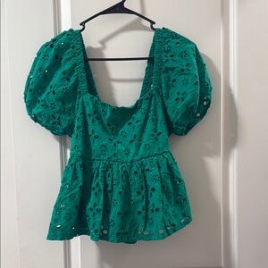 Green Eyelet Puff Sleeve Top